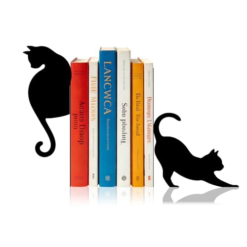 Sanwarm Metal Bookends Cat Vintage Black Fun Book Ends Decorative Bookend for Home Office Library Desk Book Shelves Decor, Gift for Reading Enthusiasts Non-Skid Book Stoppers Holder (1 Pair) - color: Black Cat 3
