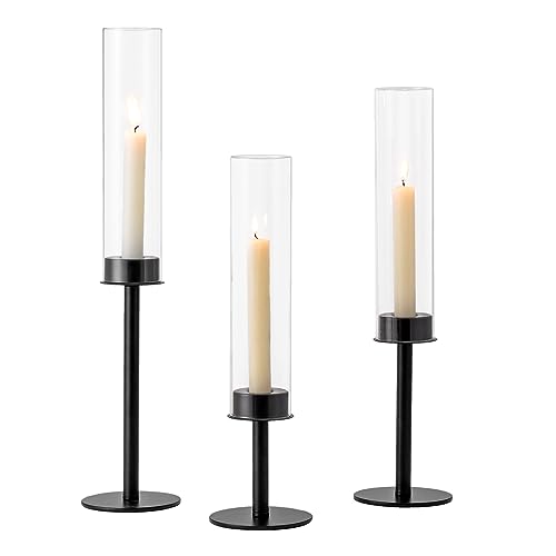 Hewory Black Candlestick Holders Hurricane Candle Holder, 3Pcs Candle Stick Candle Holder Candelabra, Taper Candle Holders with Glass Candle Cover for Wedding Table Centerpiece Christmas Decor - color: Black, size: 3pcs