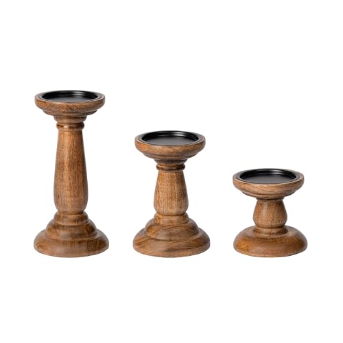 JFY Designs Hand Carved Solid Wood Candle Holder Set of 3 - Pillar Candle Holders Decorative Candlestick Holder for Home Décor, Wedding, Dinning, Party - color: Natural