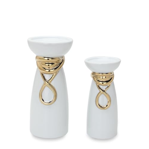 Ceramic Pillar Candle Holders Set of 2-8", 10" H, White Candle Sticks Holder for Home Décor, Tabletop Candle Stand for Living Room, Fireplace, Wedding or Dining Room Centerpieces - color: C041-gold