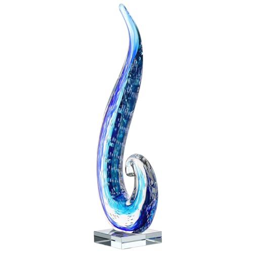 Luxury Lane Hand Blown Ocean Wave Sommerso Art Glass Sculpture for Home Decor 16 inch Tall Centerpiece Table Decoration - size: 16"