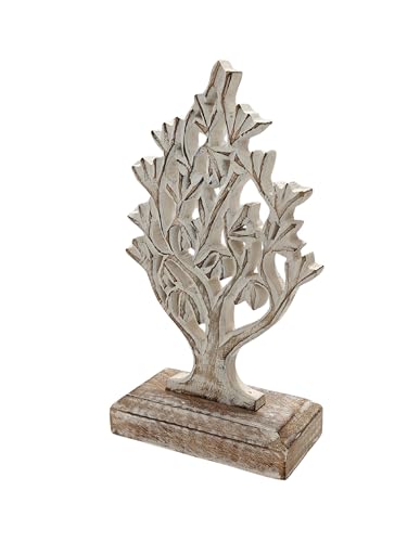 VANIYA CRAFTS® Rustic Wooden Tree Shape Table Sculpture – Handmade Carved Home Decor Accent for Living Room, Bedroom, Entryway, or Office (Antique White Finish)