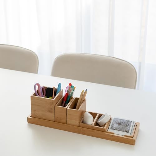 Bamboo Vanity Tray, 6-Piece Bathroom Countertop Vanity Tray Set, Makeup Kitchen Desk Organizer and Storage - Holds Small Items - color: Bamboo