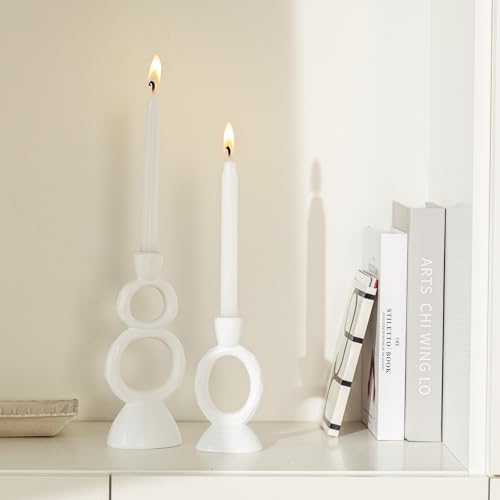 White Taper Candle Holders for Candlesticks, Unique Decorative Candlesticks Holder Home Decor Set of 2 for Fall Thanksgiving Wedding Table Centerpiece Decorations, Modern Aesthetic Room Decor（Resin） - color: White