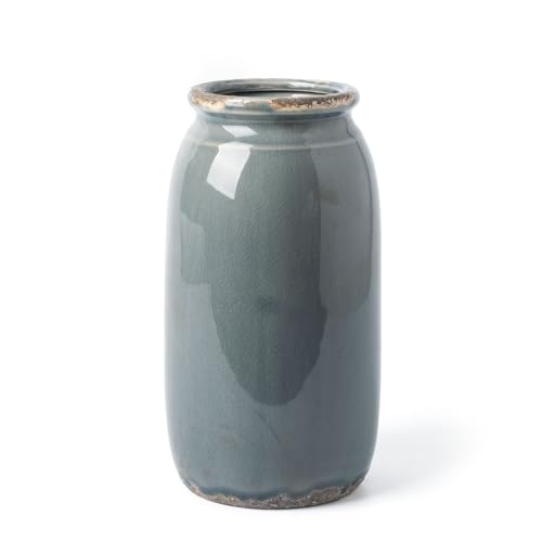 VICTOR & TERESA Rustic Large Blue and Grey Vase for Home Decor, 10'' Tall Ceramic Vases for Flowers, Farmhouse Decorative Vases for Pampas Grass, Table, Mantel, Living Room, Centerpieces - color: Blue and Grey, size: Large-10''