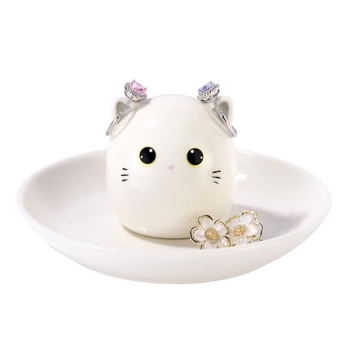 Cat Mom Gifts for Women, Kitty Cat Ring Holder for Jewelry, Jewelry Tray Dish Rings Bracelets Earrings Trinket Tray, Mother's Day Birthday Wedding Christmas Gifts - style: White Cat