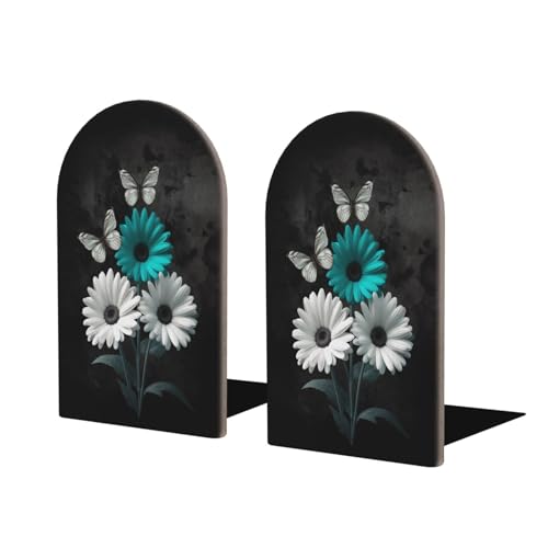 Blue Flowers Butterflies White L-Shaped Book Ends 1 Pair Wood Bookends Book End Supports for Heavy Book Shelf Holder Home Decorative - color: Blue Flowers Butterflies White