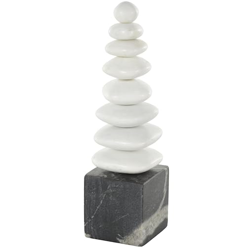 Deco 79 Marble Abstract Decorative Sculpture Stacked Stone Home Decor Statue with Black Block Base, Accent Figurine 3" x 4" x 12", White - size: 3" x 4" x 12"