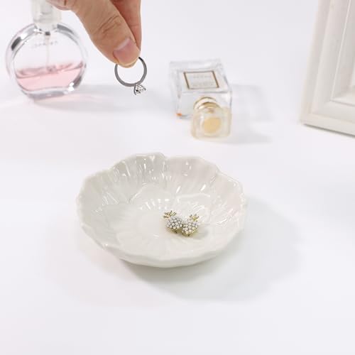 Flower Ring Dish Holder,Jewelry Dish Tray,Small Trinket Tray,Jewelry Plate Bowl,Key Bowl,Decorative Plate,Birtdhay Christmas Gifts for Women Friends,Ceramic White - color: White
