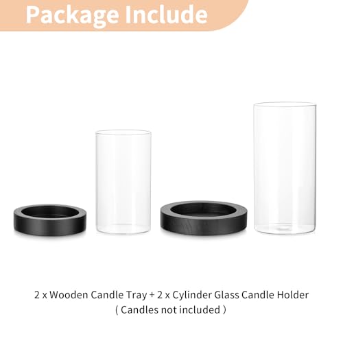 NUPTIO Wooden Candle Holders Pillar: Black Candle Tray with Round Hurricane Glass Vase - Set of 2 Cylinder Floating Candleholder for Home Halloween Thanksgiving Seasonal Decor - color: Black