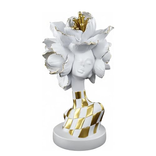 Lescafita White and Gold African Lady Sculpture – Elegant Resin Figurine with Floral Crown, Modern African Art Decor for Living Room, Cultural Gift for Women - color: 105-white