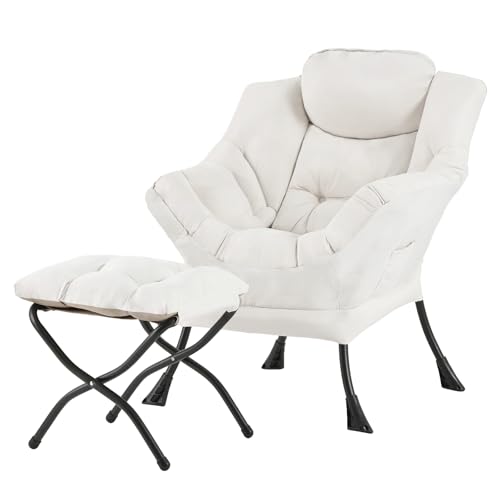 Tiita Lazy Chair with Ottoman, Beige Modern Large Accent Chair, Comfy Leisure Sofa Armchair with Ottoman, Reading Chair with Footrest for Bedroom, Living Room, Dorm Rooms, Beige - color: Peach Skin Beige