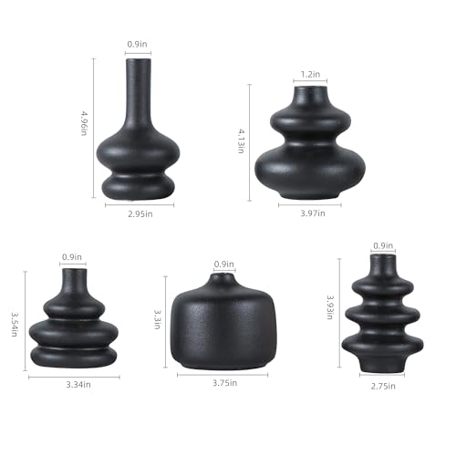 JOJUNO Black Bud Vases, Small Ceramic Vase Set of 5, Mini Pottery Vases for Flowers, Decorative Vases for Home Modern Decor, Boho Decor, Chic Vases for Living Room Dining Table Shelves - color: Black