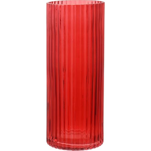 Red Glass Vase for Flowers, Ribbed Glass Vase for Tulips, Modern Red Vases, Tall Cylinder Glass Vases for Living Room, Bedroom, Dining Table, Office, Wedding, Bookshelf, 12 Inches - color: Red, size: 12''