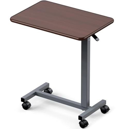 WOTURE Adjustable Overbed Table with Wheels, Pneumatic Height Adjustment, Ideal for Hospital Use or At Home as Bed Tray, Standing Desk, Bedridden & Mobility Needs, Walnut - color: Walnut