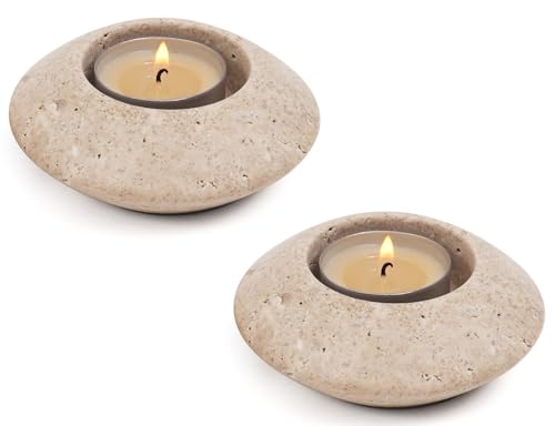 Tealight Candle Holders Set of 2 – Handcrafted Natural Marble Tea Light & Votive Holders, Decorative Stone Candle Holder Pair for Home Décor, Dining Table, Coffee Table & Wedding Decor - color: Travertine, size: 3.5" Inches