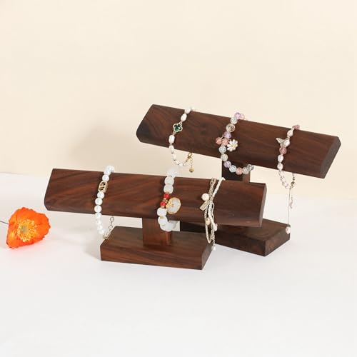 GemeShou walnut bracelet organizer holder for selling, wooden watch display T bar stand for selling, bracelet storage shelf for boutique store【Bracelet stand-Low】 - color: Brown, size: Low