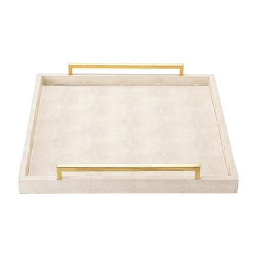 Large Ottoman Tray for Coffee Table,Square Shagreen Leather Decorative Tray with Gold Handles for Living Room Decor - color: Ivory, size: 20" x 20" x 3"