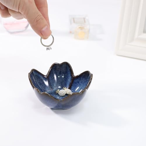 Flower Ring Dish Holder,Jewelry Dish Tray,Small Trinket Tray,Jewelry Plate Bowl,Key Bowl,Decorative Plate,Mothers Day Birthday Gifts for Women Mom Friends,Ceramic Kiln effect Blue - color: Kiln effect Blue