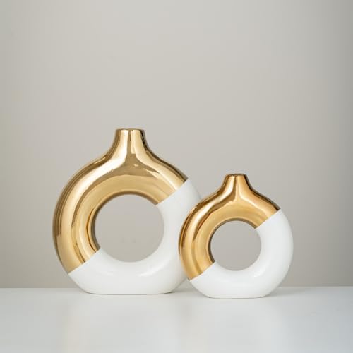 White and Gold Donut Vase, Modern Ceramic Vase for Pampas Grass, Perfect Centerpiece for Weddings, Living Room, and Office Decor (White Gold, Set(S+L)) - color: White Gold, size: SET(S+L)