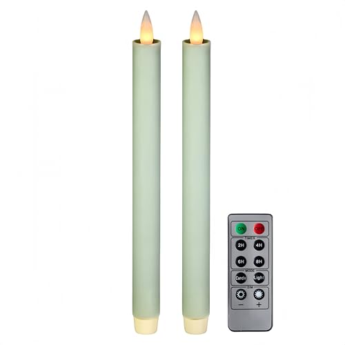 Flameless Taper Candles Flickering with Remote and Timer, 3D Moving Flame Taper Candle Battery Operated to 400 Hours, 9 Inch Window Candles, (Sage Green) - color: Sage Green