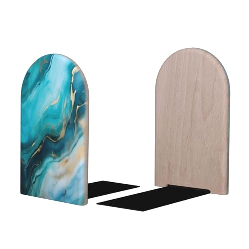 Decorative Bookends 2 Pcs Teal Turquoise Liquid Marble Wood Bookends for Shelves Heavy Books Kids Non-Skid Book Ends Stoppers for Office Desk Kitchen School - color: Teal Turquoise Liquid Marble