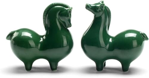 Green Horses Statue - Small Ceramic Décor Artwork - 2pcs Sculpture for Home Office - Surprising Horse Gifts for Horse Lovers