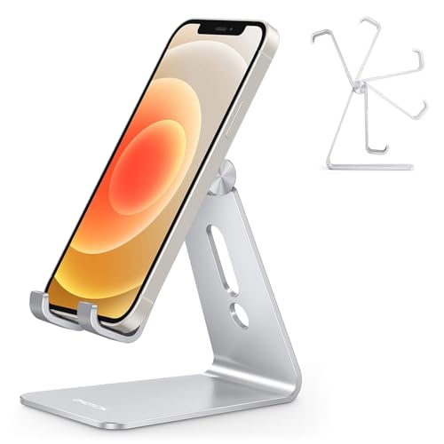 Adjustable Cell Phone Stand, OMOTON Aluminum Desktop Cellphone Stand with Anti-Slip Base and Convenient Charging Port, Fits All Smart Phones, Silver - color: Silver