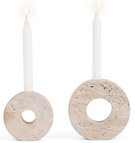 Marble Candle Holder Set of 2 Handmade Candlestick Holders for Taper Candles, Elegant Travertine Candle Stick Holders for Candlesticks, Centerpieces for Tables & Entryway Table Decor - color: Travertine