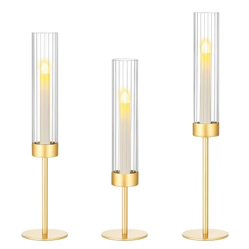 Ninonly Hurricane Candle Holders Set of 3, Tall Brass Candlestick Holders Metal Glass Candle Stands for Wedding Christmas Party Home Table Centerpiece Decorations