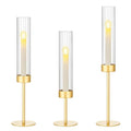 Ninonly Hurricane Candle Holders Set of 3, Tall Brass Candlestick Holders Metal Glass Candle Stands for Wedding Christmas Party Home Table Centerpiece Decorations