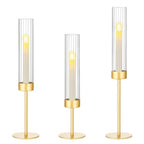 Ninonly Hurricane Candle Holders Set of 3, Tall Brass Candlestick Holders Metal Glass Candle Stands for Wedding Christmas Party Home Table Centerpiece Decorations