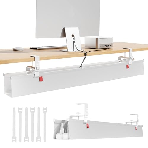 Litwaro Under Desk Cable Management Tray No Drill, 40.6" Cord Organizer with Clamp for Standing Desk, Premium Fabric Cable Tray with Wire Management for Office Home, White - color: White, size: Extra Large (40.6"L x 5.9"W)