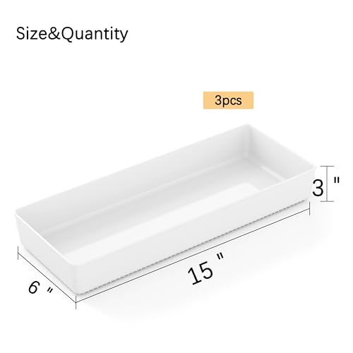 3 Pack White Large Size Plastic Drawer Organizer Tray Cutlery Utensil Makeups Drawer Organizers 15" X 6" - size: 3 Pack 15"x6" White Plastic