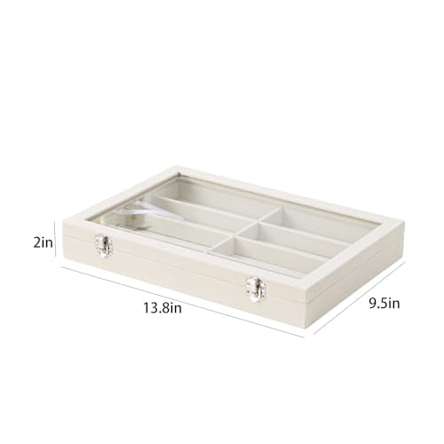 Coward Sunglass Organizer Tray Box, Beige Velvet Grids Eyeglasses Display Tray Case with Transparent Glass Lid for Home Use or Store Shop Selling Show - color: Beige Velvet, size: Sunglass Box