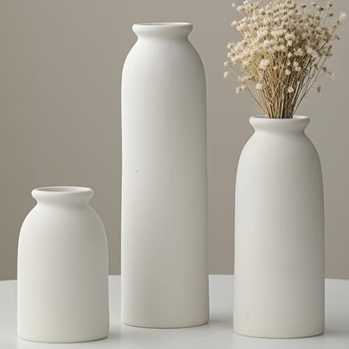 10.6 inches Tall Decorative Ceramic Vase Set, 3 Pieces, Nordic Modern Boho Style, White, for Home Decor (White) - color: White