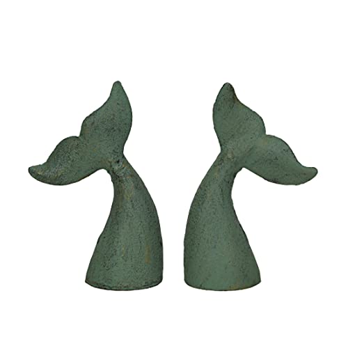 Set of 2 Nautical Cast Iron Whale Tail Decorative Bookends for Home Decor, Coastal Themed Shelves, and Beach House - Verdigris Green Enamel Finish - Organize and Beautify Your Space - color: Whale Tail - Green