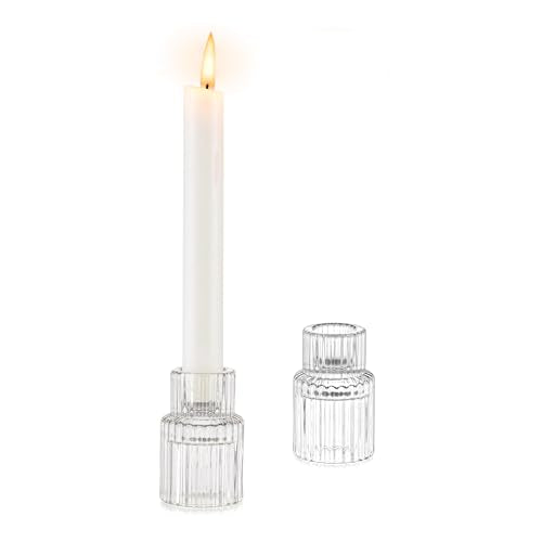 Glass Candlestick Taper Candle Holder: Glasseam Set of 2 Small Candle Holders for Candlesticks, Modern Crystal Clear Tapered Candle Stick Holder for Wedding Dining Table Centerpiece Christmas Decor - color: Clear