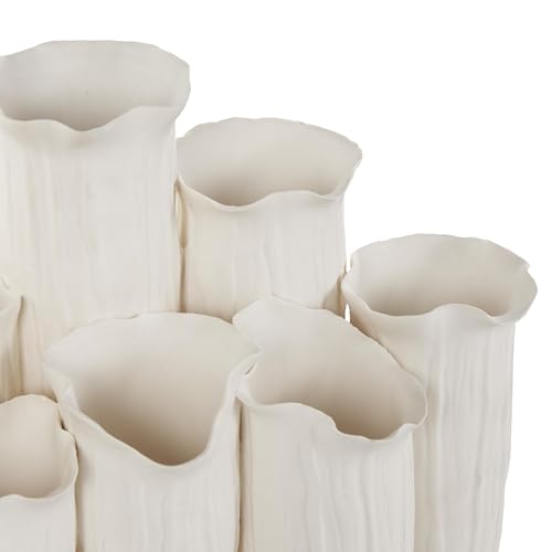 Deco 79 Ceramic Abstract Floral Inspired Vase with Linear Grooves and 10 Openings, 14" x 5" x 11", White - color: White, size: 14" x 5" x 11"