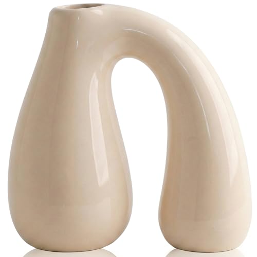 Cream White Ceramic Vase for Modern Home Decor 7.5" Sculptural U-Shape Pitcher Vase Arch Handle, Small Neutral Aesthetic Flower Vase for Pampas Grass, Dried Flowers, Shelf Entryway Decor PROBENEX - color: White