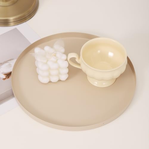 2 Pcs 11.8" and 9.8" Round Beige Metal Tray, Coffee Table Candle Holder & Decorative Serving Tray, Kitchen Counter Organizer for Modern Farmhouse Home Decor (Beige,11.8"+9.8”)