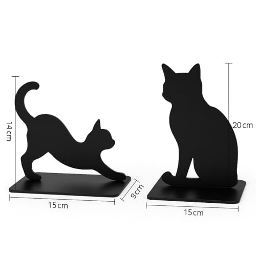 Cat Bookends, Black Metal Book Ends for Shelves, Stretching & Sitting Cat Silhouette Set, Heavy-Duty 0.08" Thick Steel, Decorative Book Holder for Home Office Desk, Gift for Cat Lovers - color: Black Cat
