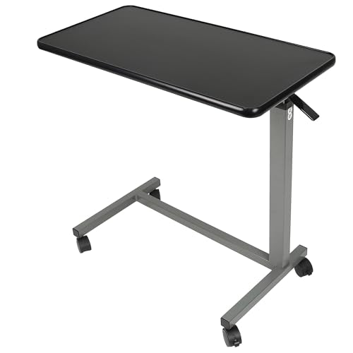 Vaunn Medical Pneumatic Adjustable Overbed Bedside Table with Wheels (Hospital and Home Use) - color: Black