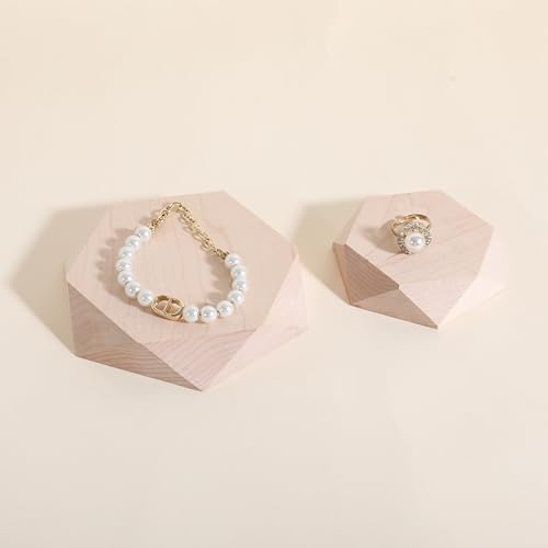 GemeShou 2pcs Wooden Jewelry display tray, Hexagon jewelry display riser, Jewelry retail shop photography props【Beech Hexagon tray-2pcs】