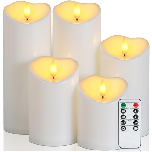 Raycare 3"x4"5" 6" 8" 8" Outdoor Waterproof Flameless Candles, Battery Operated LED Candles with Remote Control and Timer, Electric Fake Plastic Pillar Candles, Ivory White, Set of 5 - color: D3"xH4"5"6"8"8"-Ivory White