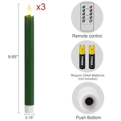 GenSwin FlamelessTaper Candles Flickering with 10-Key Remote, Battery Operated Led Warm 3D Wick Light Window Candles Real Wax Pack of 3, Christmas Home Wedding Decor(Green, 0.78 X 9.64 Inch) - color: 3-Green
