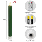 GenSwin FlamelessTaper Candles Flickering with 10-Key Remote, Battery Operated Led Warm 3D Wick Light Window Candles Real Wax Pack of 3, Christmas Home Wedding Decor(Green, 0.78 X 9.64 Inch) - color: 3-Green