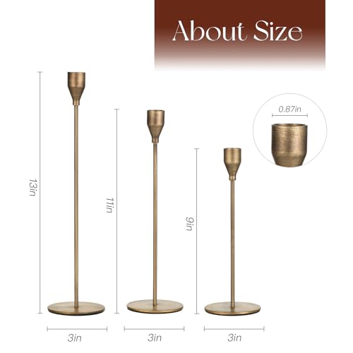 Brass Taper Candle Holders: Set of 3 Tall Candlestick Holder for Table Centerpiece Metal Gold Candles Stick Holders Candle Stand Brushed Wedding Decor - color: Brass, size: 3PCS