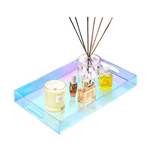 SetGame Acrylic Serving Tray with Handles, Bathroom Desktop Decorative Storage Arylic Trays, Simple Vanity Tray Food Tea Fruit Dinner Snack Tray for Bar Kitchen Party - color: Iridescent