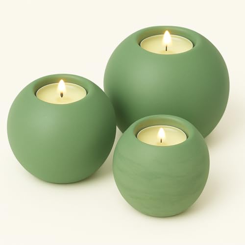 Concrete Sphere Tea Light Holder - Minimalist Centerpiece - Candle Holder - Modern Interior Design (Green, Set of 3 Sizes) - color: Green, size: Set of 3 Sizes